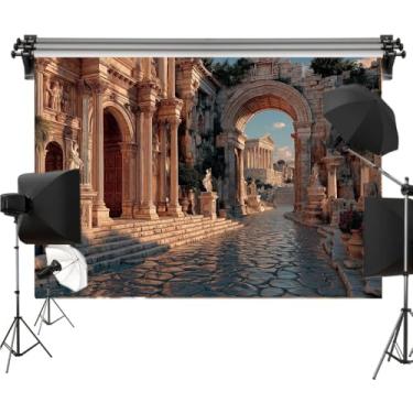 Imagem de Pano de fundo de poliéster com ruínas romanas antigas para fotografia, arco, colunas de mármore e templo com iluminação do pôr do sol, cenário histórico de Roma para decoração de festa ou escola 2,1 x