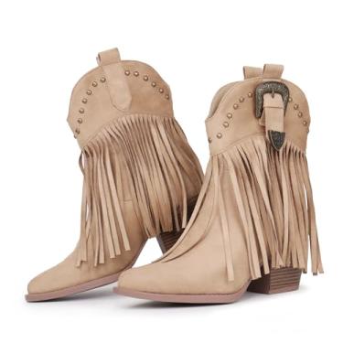Imagem de Hawkwell Botas femininas de caubói com franja, bico curto, sem fecho, botins ocidentais, Caqui, 34