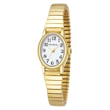 Imagem de BOSHIYA Relógios dourados femininos analógicos de fácil leitura, quartzo, com pulseira de expansão de aço inoxidável, relógios de pulso femininos, à prova d'água, Dourado, Moderno