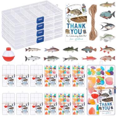 Imagem de 12 conjuntos de caixas de doces de lembrancinhas de festa de pesca com flutuador vermelho e branco cartões de agradecimento, adesivos de pesca para fazer meu carretel divertido, pesca partida, tema de