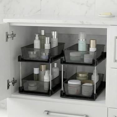 Imagem de Pacote com 2 organizadores de pneu embaixo da pia, organizadores e armazenamento de banheiro, gavetas de armário, organização removível com trilho para despensa, cozinha, geladeira, bancada (preto