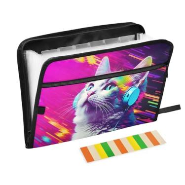 Imagem de Wassud Art Cat Organizador de arquivos sanfonado com 13 bolsos, pastas expansíveis com abas e adesivos, organizador de pastas de documentos de recibo de papel tamanho carta A4 para viagens de