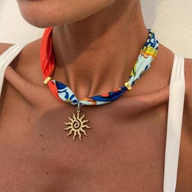 Imagem de Colar de cachecol feminino com pingente de coração de seda vermelho roxo laranja concha concha, Medium, Latão, Sem Pedra Preciosa