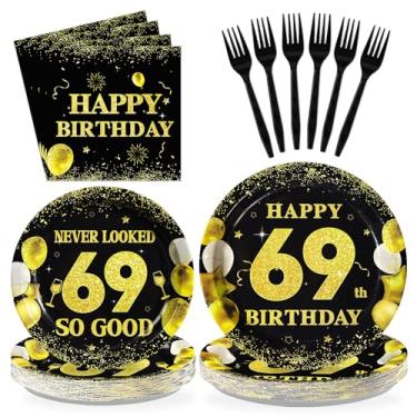 Imagem de Greencian 96 peças de decorações de aniversário de 69 anos para homens e mulheres preto ouro 69 pratos e guardanapos de festa de aniversário descartável 69 conjunto de talheres de papel para feliz 69