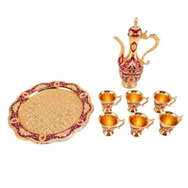 Imagem de Conjunto de bule de café vintage estilo europeu elegante bule de vinho kit com 6 xícaras conjunto de serviço de chá de liga de zinco para festa de aniversário de casamento (Ouro Vermelho)