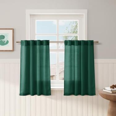 Imagem de Cortinas de linho verde escuro café 91 cm de comprimento privacidade filtragem de luz semitransparente porta frontal pequena cortina traseira bolso haste cortinas curtas plissadas para banheiro