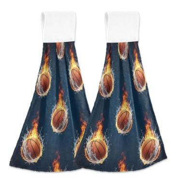 Imagem de Bolas de basquete personalizadas Fire Black Fall Toalhas de mão com laços para pendurar no forno toalhas de dedo conjunto de 2 toalhas absorventes para cozinha, banheiro, 46 x 35 cm