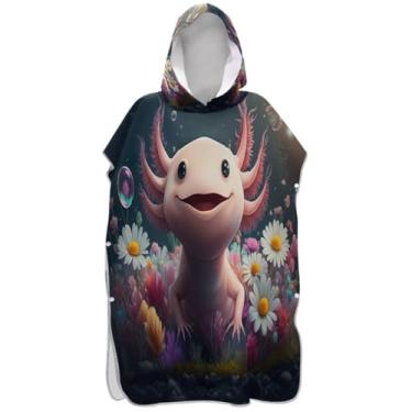 Imagem de Joisal Roupão para adultos poncho de surfe praia banho com capuz leve bonito desenho animado axolote floral rosa homens mulheres poncho com capuz
