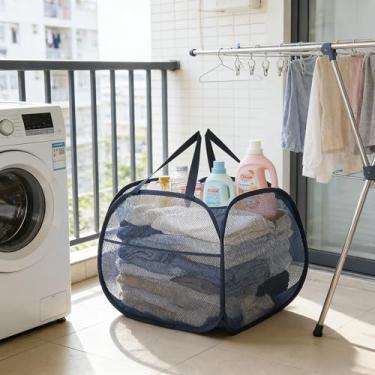 Imagem de Cesto de roupa suja dobrável de 90 L com bolso lateral, cesto de roupa dobrável de malha, grande cesto de armazenamento de roupas com alça para lavanderia, colégio, banheiro, quarto de criança