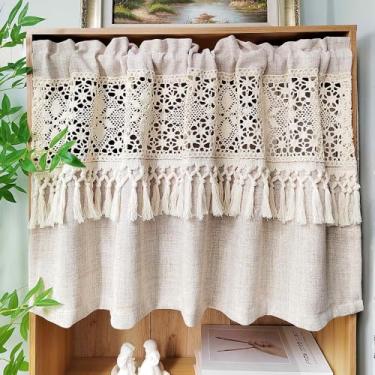 Imagem de Cortina curta texturizada transparente de linho vintage com estampa de flor vazada saia de cozinha para café pequena janela fazenda cortina topo bolso para varão 1 painel (marrom claro, L 99 x A 50 cm