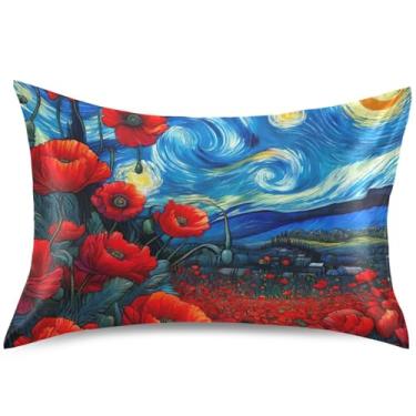 Imagem de Capas de almofada de cetim com flores de papoula, noite estrelada, para resfriamento de cabelo, capas decorativas padrão king queen para decoração de cama, tamanho Queen, 76 cm x 50 cm