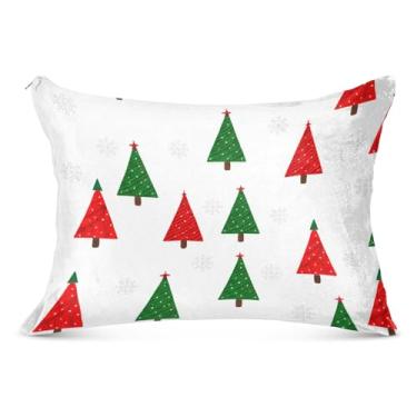 Imagem de Capa de almofada decorativa de flanela com árvores de Natal vermelhas e verdes para cama padrão Queen King, tamanho Queen, 50,8 cm x 76,2 cm