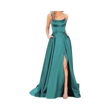 Imagem de Vestido Longo De Madrinha Azul Marinho Com Alças Finas E Fenda Para Mu