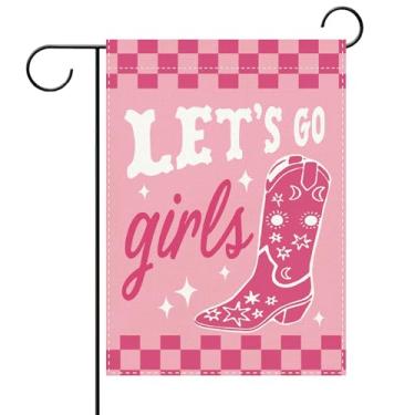 Imagem de Terkki Bandeira decorativa de jardim rosa Let's Go Girls, Coquette Western Cowgirl Cowboy Boot Inspirational Small Yard Outside Decorations, Checkered Outdoor Home Decor Presentes de dupla face para