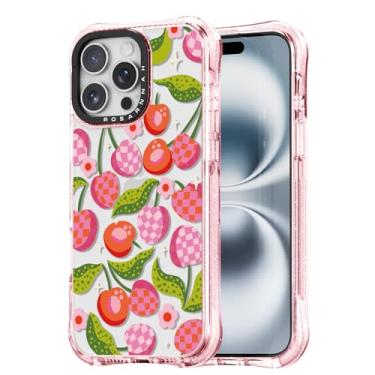 Imagem de Rosarnnah Capa fofa para iPhone 15 Pro - Capa de telefone à prova de choque com proteção contra quedas de grau militar de 6 metros - Design engraçado xadrez cereja (6,3 polegadas) rosa brilhante