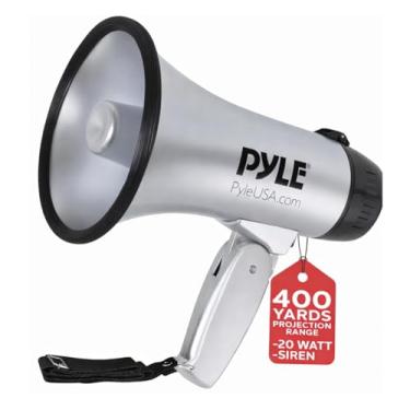 Imagem de Bullhorn portátil para alto-falante Megafone – Compacto e operado com bateria de 20 watts, microfone, 2 modos, som PA e alça dobrável para líder de torcida e uso policial – Pyle PMP23SL (prata)