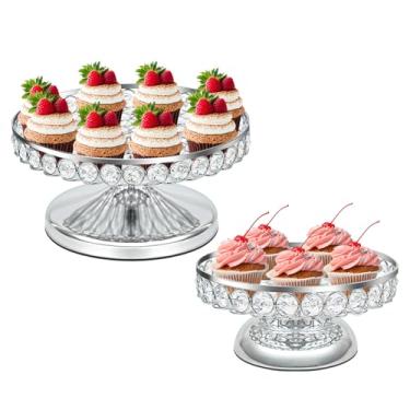 Imagem de KEHAIL Conjunto de 2 bandejas redondas de metal para sobremesa, 24,6 cm e 20 cm de cristal para casamentos, aniversários, centros de mesa de festa, lanches e pratos de frutas (prata, 2 peças - 24,6 cm