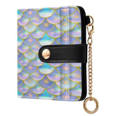Imagem de STAYTOP Linda carteira feminina colorida com escamas de sereia com bloqueio de RFID, de couro macio, dobrável e compacta, porta-cartões com zíper, bolso para moedas, janela para identidade