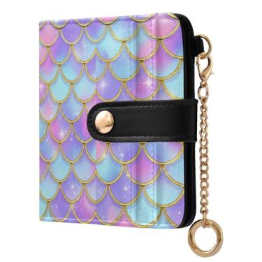 Imagem de STAYTOP Linda carteira feminina colorida com escamas de sereia com bloqueio de RFID, de couro macio, dobrável e compacta, porta-cartões com zíper, bolso para moedas, janela para identidade