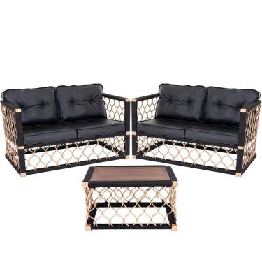 Imagem de 2 Poltronas Mesa Centro Alumínio Bronze Corda Náutica Preta