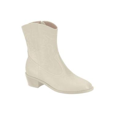 Imagem de Bota Moleca Country Cano Curto Com Bordado E Salto Bloco Branco Off, B