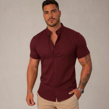 Imagem de Camisa Social Masculina Gola Padre Manga Curta Aspecto Linho - Volgue,