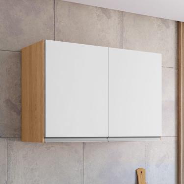 Imagem de Armário Aéreo Cozinha Andréia 80cm 2 Portas Multiuso MDP Funcional Amêndoa Branco - Desk Design