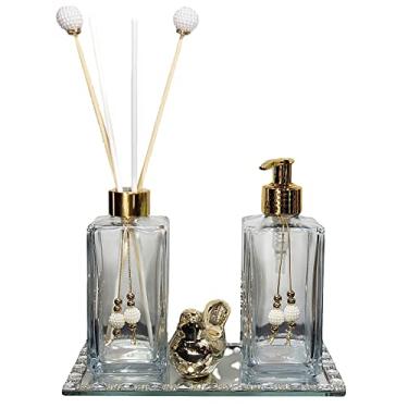 Imagem de Kit Lavabo Luxo Bandeja Strass Frascos De Vidro Passarinho (Transparente e Dourado)