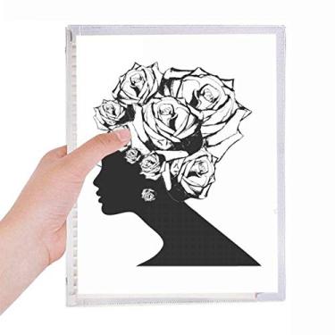 Imagem de Caderno feminino rosa preto e branco com flores e folhas soltas diário recarregável