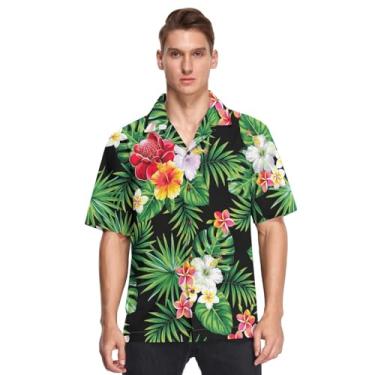 Imagem de GuoChe Camisas masculinas havaianas de manga curta com botões estampa tropical folhas de palmeira flores camisetas esportivas para Hombres, Estampa tropical com folhas de palmeira e flores, XXG