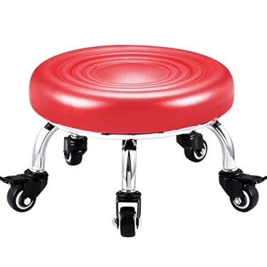 Imagem de Lorvain Bancos curtos de assento de rolo, banco de rodinhas com rodas giratórias universais de couro pequeno banco baixo sobre rodas para cadeira de garagem em casa para sentar em vermelho
