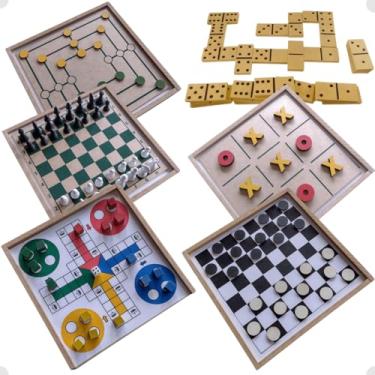 Imagem de 6 em 1 Jogos de Tabuleiro Clássicos Xadrez, Damas, Ludo, Jogo Da Velha, Dominó, Trilha (6 Jogos em 1 caixa)