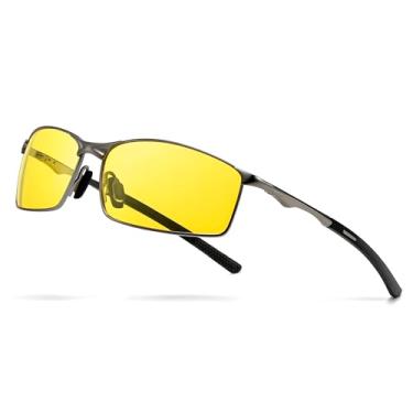 Imagem de SUNGAIT Óculos de sol polarizados ultra leves masculinos armação de metal retangular com dobradiça de mola, Armação de metal/lente noturna amarela, One Size