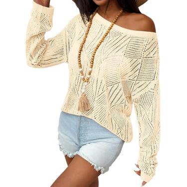 Imagem de Zeagoo Blusa feminina de crochê com ombros de fora, manga comprida, vazada, saída de praia P-2GG, Bege, G