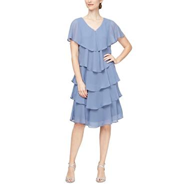 Imagem de S.L. Fashions Vestido coquetel feminino de chiffon de manga curta em camadas, vestido de convidada de casamento (tamanhos pequenos e regulares), Periwinkle, 40