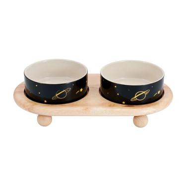 Imagem de Tigela de cerâmica para cães e gatos com suporte de madeira, conjunto de tigela de água e ração para cães sem derramamento, tigela de gatinho, prato elevado para gatos, alimentador de gatos (2 tigelas