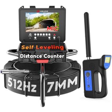 Imagem de HBUDS Câmera de esgoto com localizador de 91 metros, câmera de drenagem autonivelante com contador de distância em tempo real, câmera de encanamento de cabo de 7 mm cobra com luz, câmera de inspeção