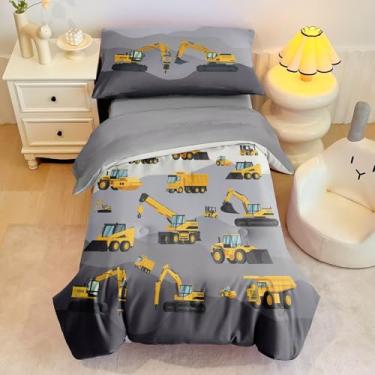 Imagem de Jogo de cama infantil de 4 peças para meninos, construção de carros, inclui edredom, lençol de cima, lençol com elástico e fronha, cama de tratores Christan Trucks em uma bolsa para quarto de crianças