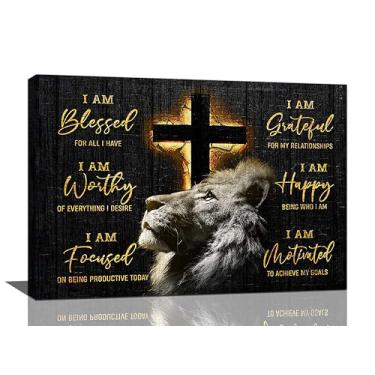 Imagem de Arte motivacional de parede de leão cruz cristã imagens de leão decoração de parede pintura inspiradora impressões em tela arte moderna emoldurada para casa de banho quarto sala de estar cozinha