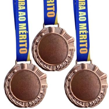Imagem de Kit 50 Medalhas Honra ao Mérito para premiação Esportiva, Medalha Redonda Brilhante 60mm, com Cordão Tecido Personalizado (Bronze)