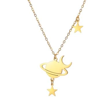 Imagem de VASSAGO Colar Saturno para mulheres e homens, planeta, colar de aço inoxidável, lua e estrela, presente de aniversário e aniversário, One Size, Aço inoxidável, Sem Pedra Preciosa