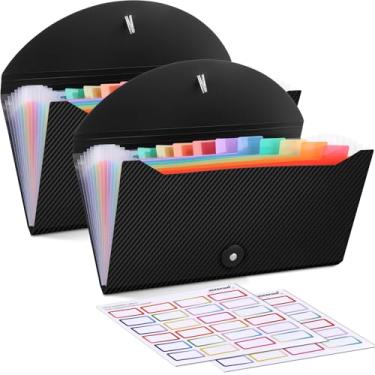 Imagem de 2 organizadores de cupons de recibos, organizador de arquivos sanfonados pequenos com 13 bolsos com etiquetas para cartões de recibos, notas comerciais, armazenamento de cupons, 26 x 12 cm