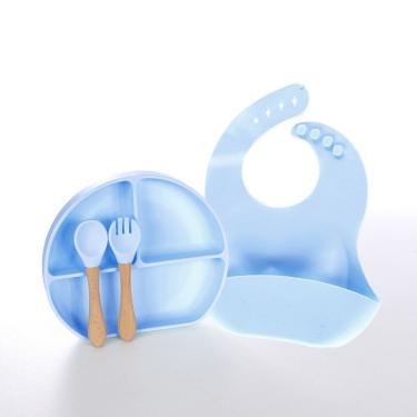 Imagem de Kit Introdução Alimentar Bebê Silicone 4 Peças Com Ventosa Azul