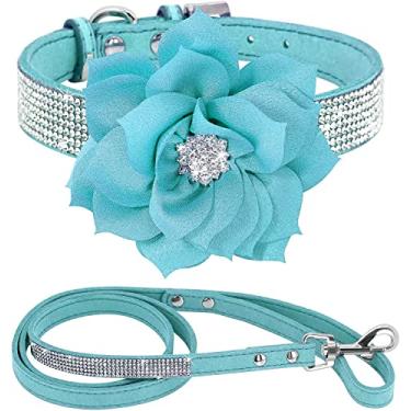 Imagem de Haoyueer Lindo conjunto de coleira de cachorro com strass de couro de camurça macia e cintilante, brilhante, brilhante, brilhante, brilhante, cristal, gato, cachorro, coleira para cães (azul 7, PP)