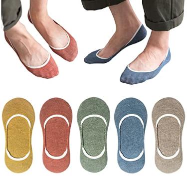 Imagem de CHUNFO Meias masculinas invisíveis invisíveis com pezinhos antiderrapantes antiderrapantes coloridas acolchoadas cor pura invisível para meninos 5 ou 10 pares, 5 pares - amarelo + laranja + verde + azul + cáqui - 02, tamanho �nico