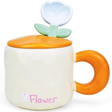 Imagem de Disoza Caneca de tulipa bege com tampa engraçada caneca de café 425 g copo personalizado presente de chá de cerâmica caneca de Natal xícara de chá floral presente de aniversário para mulheres namorada