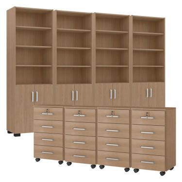 Imagem de Kit 4 Gaveteiros Para Escritório Gávea Com Chave E 4 Livreiros Office Portas Pequenas Freijó Fosco – Móveis Leão
