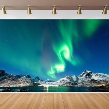 Imagem de CapiSco Aurora Boreal Pano de fundo de 2,8 x 1,8 m, montanhas cobertas de neve, paisagem de lago, luzes polares do norte para decoração de festa temática Aurora
