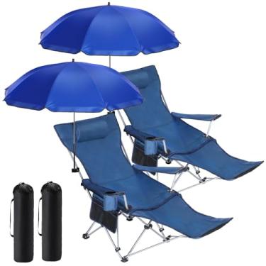Imagem de Karenhi Conjunto de 2 cadeiras de acampamento de praia com guarda-chuva para adultos, cadeira de acampamento reclinável dobrável com apoio para os pés, braçadeira ajustável, toldo para uso ao ar livre