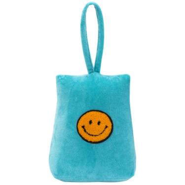 Imagem de CERAYOU Batente de porta decorativo pesado, batente de porta trapézio resistente com alça, protetores de parede de batente de piso de porta de tecido macio, sorriso turquesa